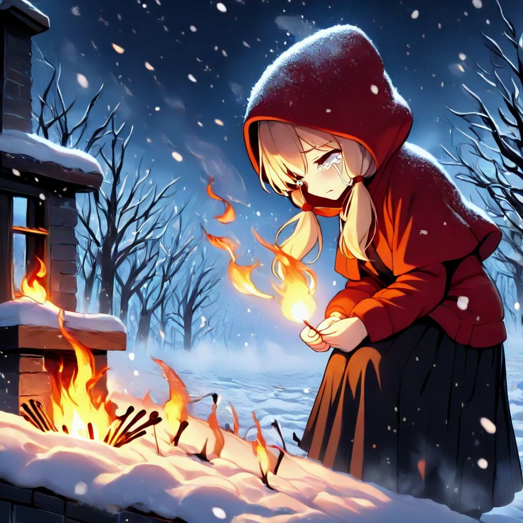 masterpiece, best quality, lit match, wildfire, bushfire, flaming, blaze, burning, 1girl, tears, crying, blonde hair, low twintails, hood up, red hooded jacket, black long skirt, capelet, fog, wind, steam, night, night sky, bare tree, snow, snowing, snowstorm, <lora:girllikelitmatch_ilxl:1>