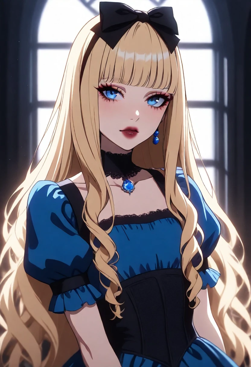 best quality, amazing quality, very aesthetic, absurdres, SHSLG, 1girl, solo, long hair, blue eyes, looking at viewer, bangs, short sleeves, puffy sleeves, blonde hair, bow, blunt bangs, puffy short sleeves, hair bow, upper body, dress, eyelashes, jewelry, earrings, choker, lips, red lips, window, wavy hair