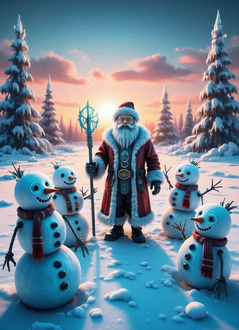 A serene winter landscape at sunset with a DonM 70s-style psychedelic glow, featuring Father Time surrounded by smiling snowmen, with a focus on warm, heartfelt, and sentimental moments of volunteering and giving back to the community, lit by modern and stylish contemporary lighting.