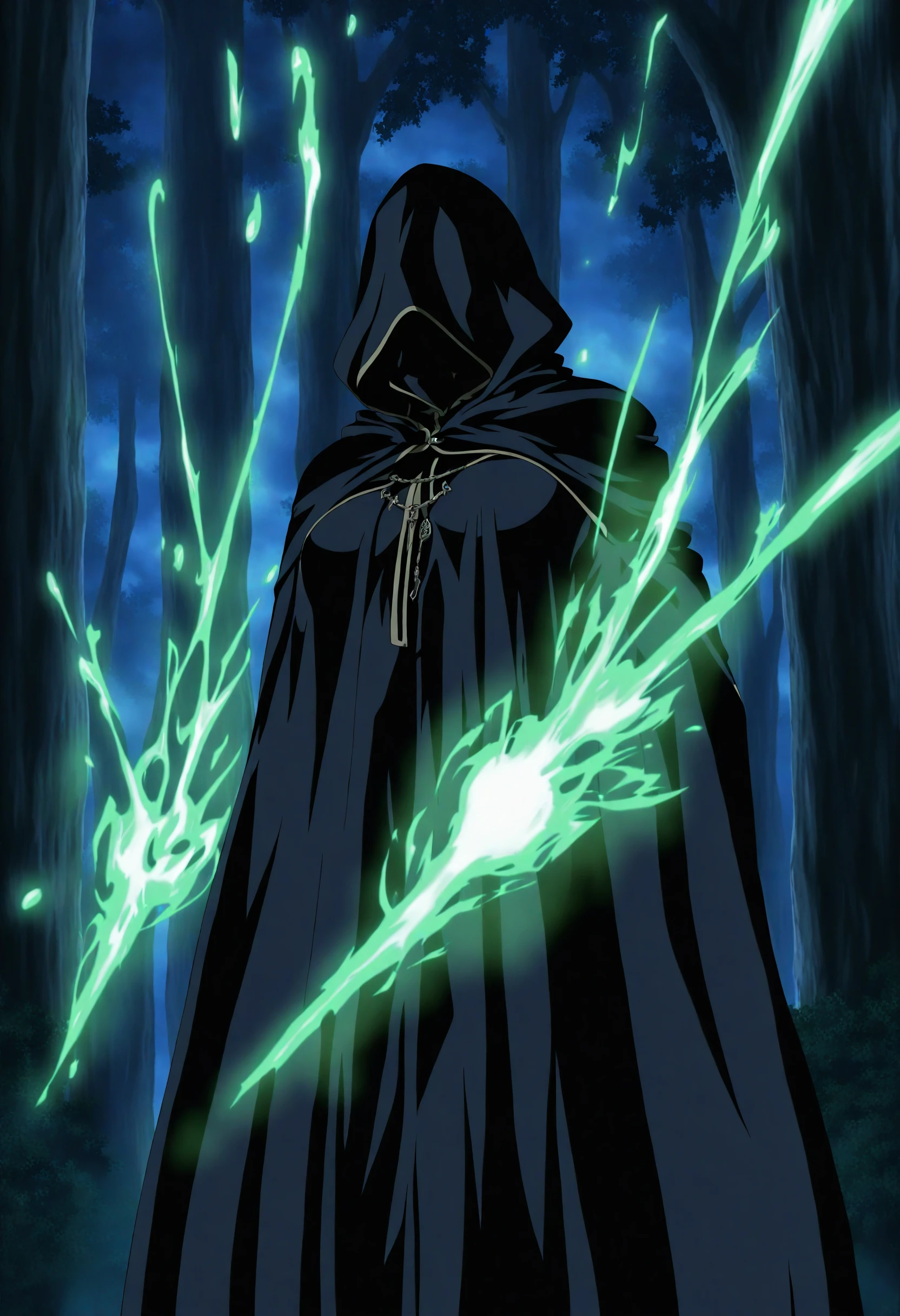<lora:Bible Black - [Style] - illustriousXL v1:1>, sysdeep_bbstyle, 1girl, solo, hooded cloak, standing in a dark forest, casting a glowing green spell, magical glyphs in the air,