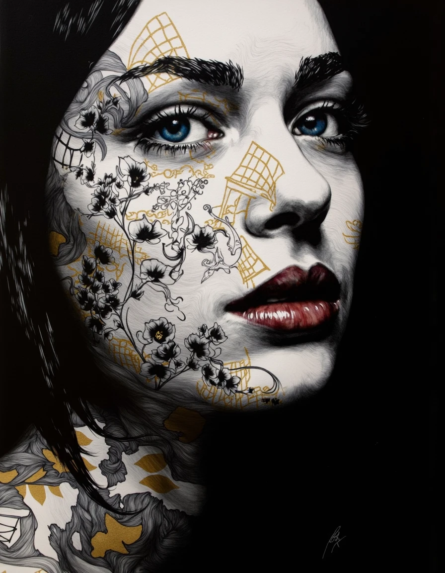 Gabriel Moreno art.
An intense, close-up portrait of a woman's face, rendered as if her skin is made of fractured porcelain, meticulously adorned with symmetrical, surreal floral tattoos that blend organic and geometric forms, creating a dreamlike and hyperrealistic aesthetic. Her striking blue eyes, framed by meticulously drawn eyebrows, pierce through the fractured surface and the intricate, floral tattoo design, holding a captivating mix of vulnerability and resilience, reflecting the strange beauty of the surreal world. Her full, slightly parted lips, painted a deep, glossy red, add a touch of warmth and humanity to the fragmented, floral visage.
The surreal floral tattoos themselves are the focal point, composed of stylized flowers, fragmented petals, and geometric patterns that morph and intertwine, creating a mesmerizing and otherworldly visual tapestry across her face. They are rendered in a stark palette of black and gold, with the gold accents highlighting the intricate details and surreal nature of the floral designs. Delicate, hyperrealistic flowers, such as orchids and lilies, emerge from the cracks in her porcelain skin, adding a touch of fragile beauty and organic contrast to the geometric patterns. The overall effect is both hauntingly beautiful and deeply unsettling, a testament to the artist's ability to evoke complex emotions through the juxtaposition of fragility, intricate floral designs, surrealism, hyperrealism, black and gold accents, and the human form. The subtle lighting casts soft shadows and highlights that enhance the texture and depth of the fractured porcelain and the surreal floral tattoos, while the dark background allows the viewer's focus to remain solely on the woman's captivating, surreally adorned face.
Niji style. <lora:Gabriel_Moreno:1>