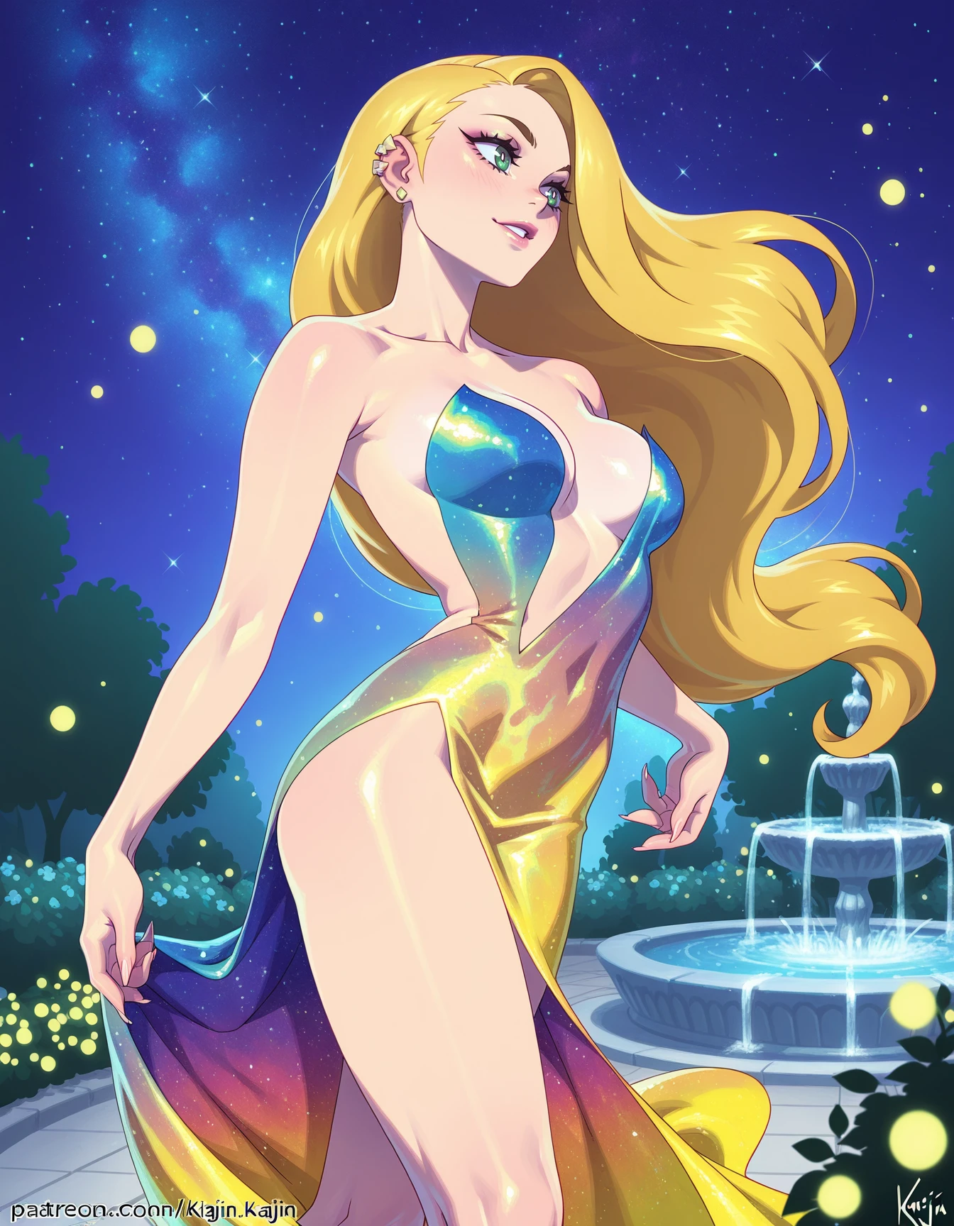 (kajin \(kajinman\):0.7) 1girl, solo, Princess Rapunzel walking cowboy shot, medium breasts,  wearing yellow iridescent lava print dress, strapless, side slit, high heels, plunging neckline, outdoors, garden, fountain, starry sky, fireflies, fairy lights, <lora:Outfit_soph-LavaDress-ILXL:0.9>