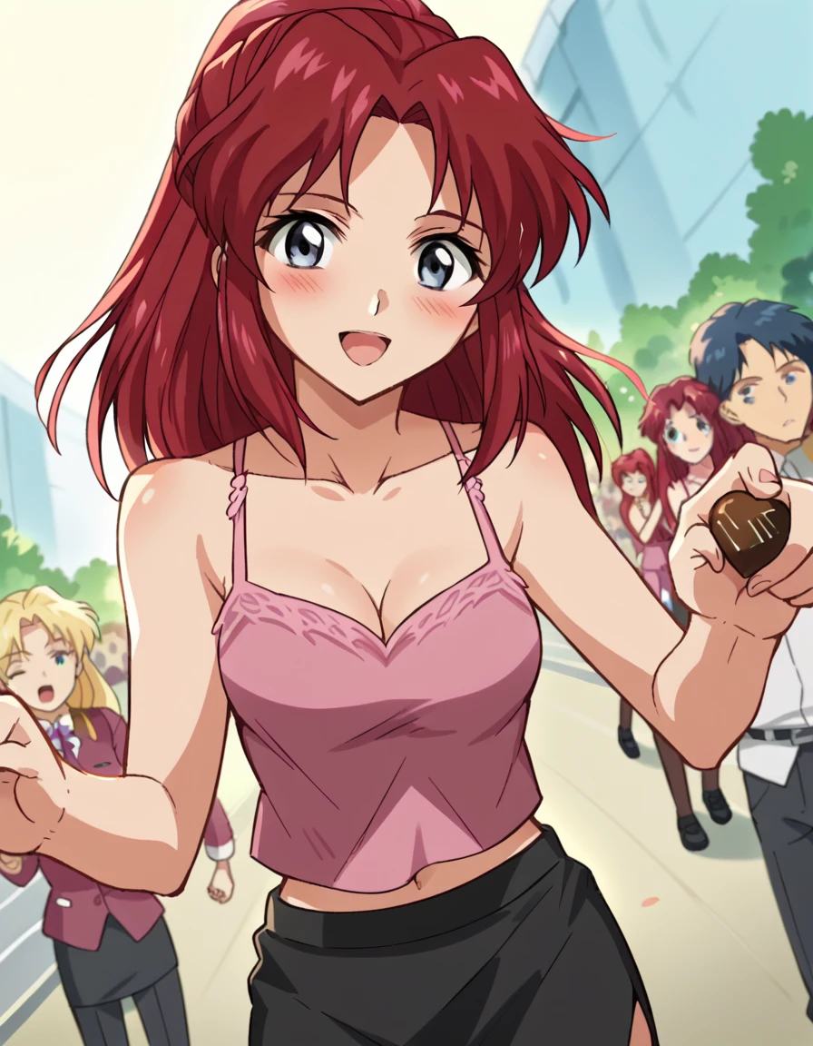 score_9, score_8_up, score_7_up, source_anime, <lora:flay-allster-s1-ponyxl-lora-nochekaiser:1>, flay allster, blue eyes, red hair, ponytail, half updo, parted bangs, sidelocks, anime screencap,, camisole, pink camisole, bare shoulders, cleavage, collarbone, skirt, pantyhose, navel, midriff, skirt, pencil skirt, black skirt, side slit,, amusement park, rides, crowds, fun, colorful, , <lora:incoming-chocolate-ponyxl-lora-nochekaiser:1> incoming food, chocolate, holding, holding chocolate, holding food, food, looking at viewer, open mouth, blush, smile, school uniform,, looking at viewer, solo,, dutch angle, cowboy shot