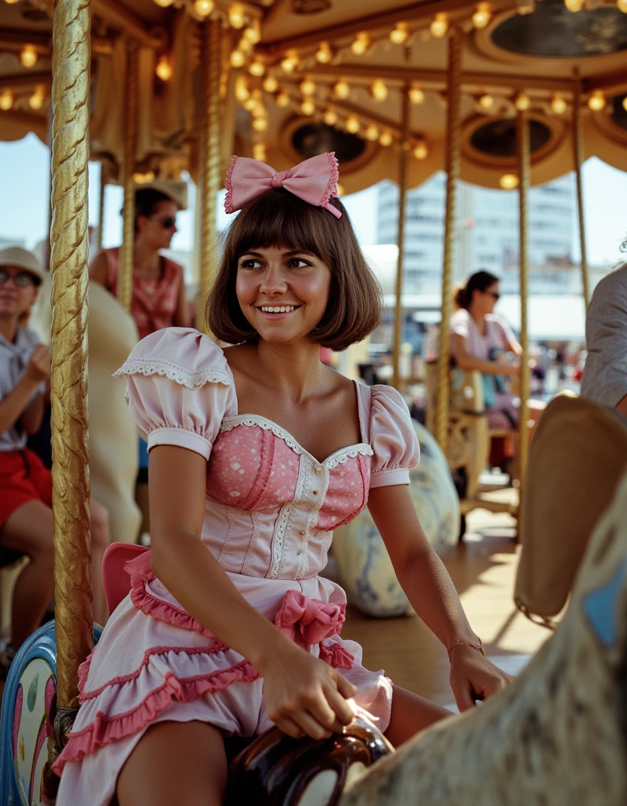 riding a carousel at the fair in a carnival outfit <lora:sally-field-flux:1>