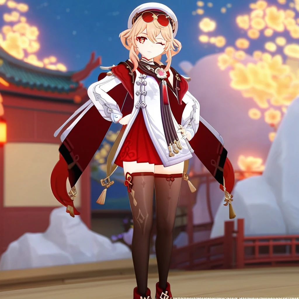 official art, white jacket, hand on hip, blonde hair, jewelry, sky, sunglasses, vision (genshin impact), scarf, red eyes, flower, long sleeves, flower-shaped pupils, cowboy shot, blurry, brown thighhighs, 3d background, thighhighs, official alternate costume, one eye closed, chinese clothes, east asian architecture, ring, shoes, jacket, shorts, multiple girls, red footwear, ghost