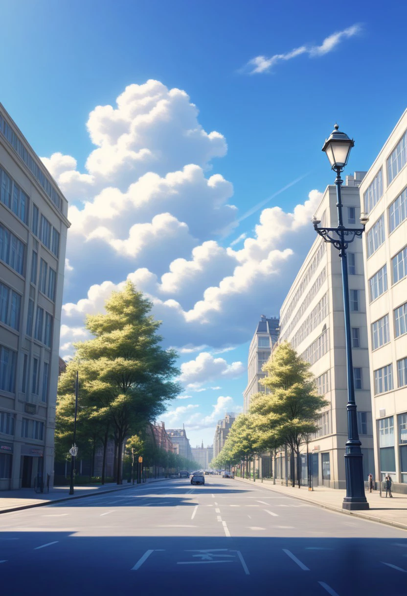 masterpiece, absurdres, best quality, Versabg, sky, tree, cloud, outdoors, scenery, no humans, building, day, blue sky, city, road, shadow, cityscape, street, lamppost, cloudy sky, sunlight
