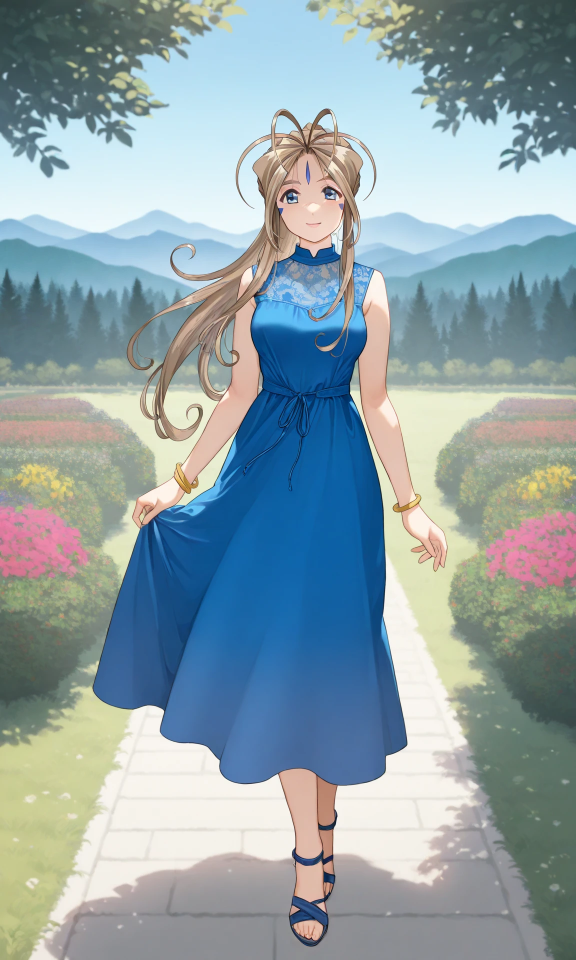 1girl, (Belldandy), smile, dress, medium breasts, blue dress, looking at viewer, sleeveless, sleeveless dress, jewelry, bracelet, full body, outdoors, day, garden, mountainous horizon, forest, looking at viewer (high resolution), ((masterpiece)), (best quality), (very aesthetic), aesthetic, illustration