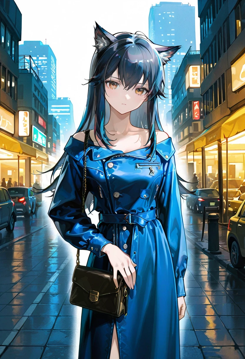 1girl,solo,looking at viewer,ikeda ruriko,duster dress, blue dress, buttons, off shoulder, texas_(arknights), purse,city,