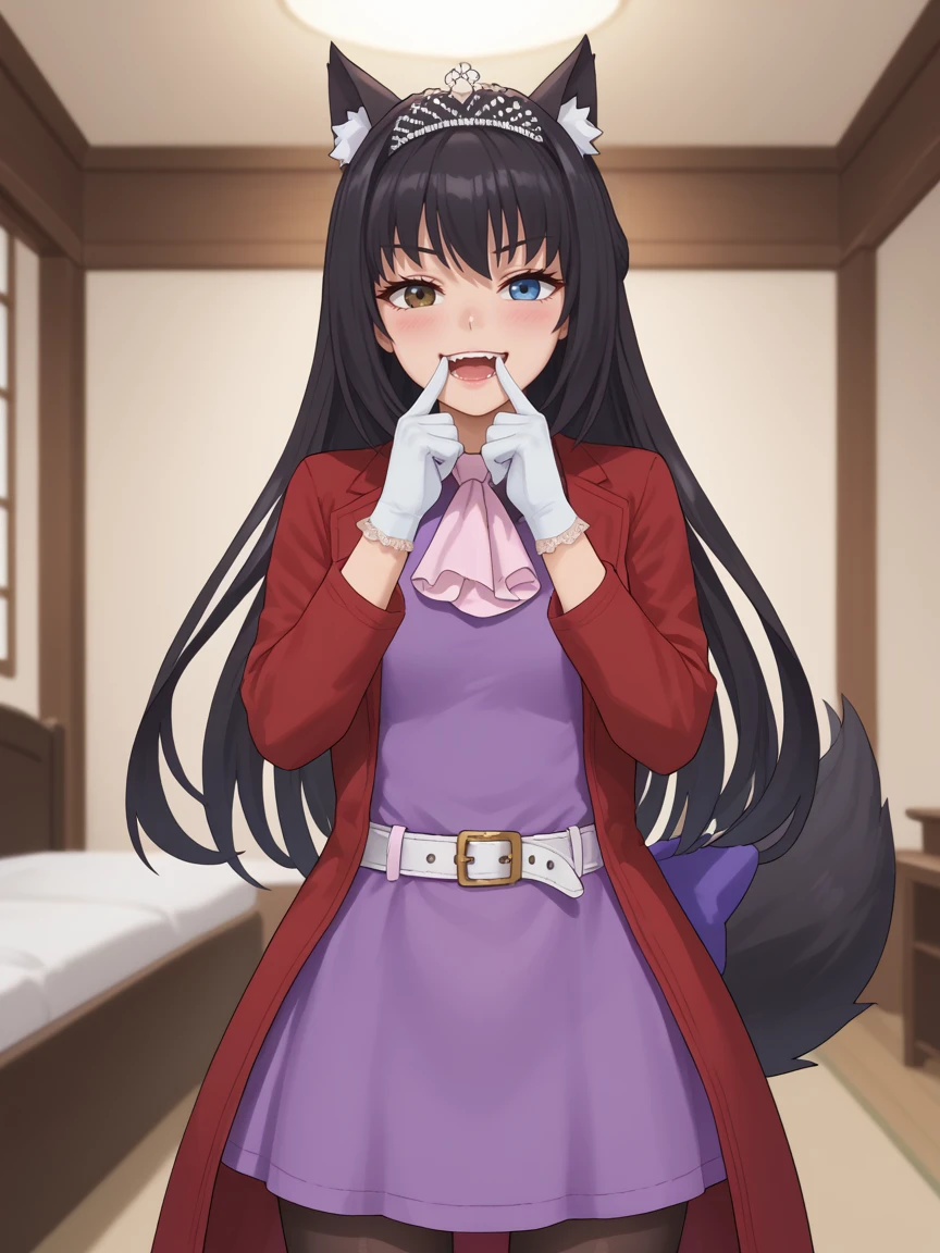 (score_9, score_8_up, score_7_up) source_anime, 1girl, solo, WinterWolf, Black hair, Tail, animal ears, wolf ears, heterochromia, Brown eyes, blue eyes, long hair,tiara, ascot, ribbon, red jacket, long sleeves, purple dress, belt, White gloves, pantyhose,  <lora:WinterOC:0.8> looking at viewer, smug, blush, ((ojou-sama pose)) hand in front of mouth,  laughing, indoors, cowboy shot,