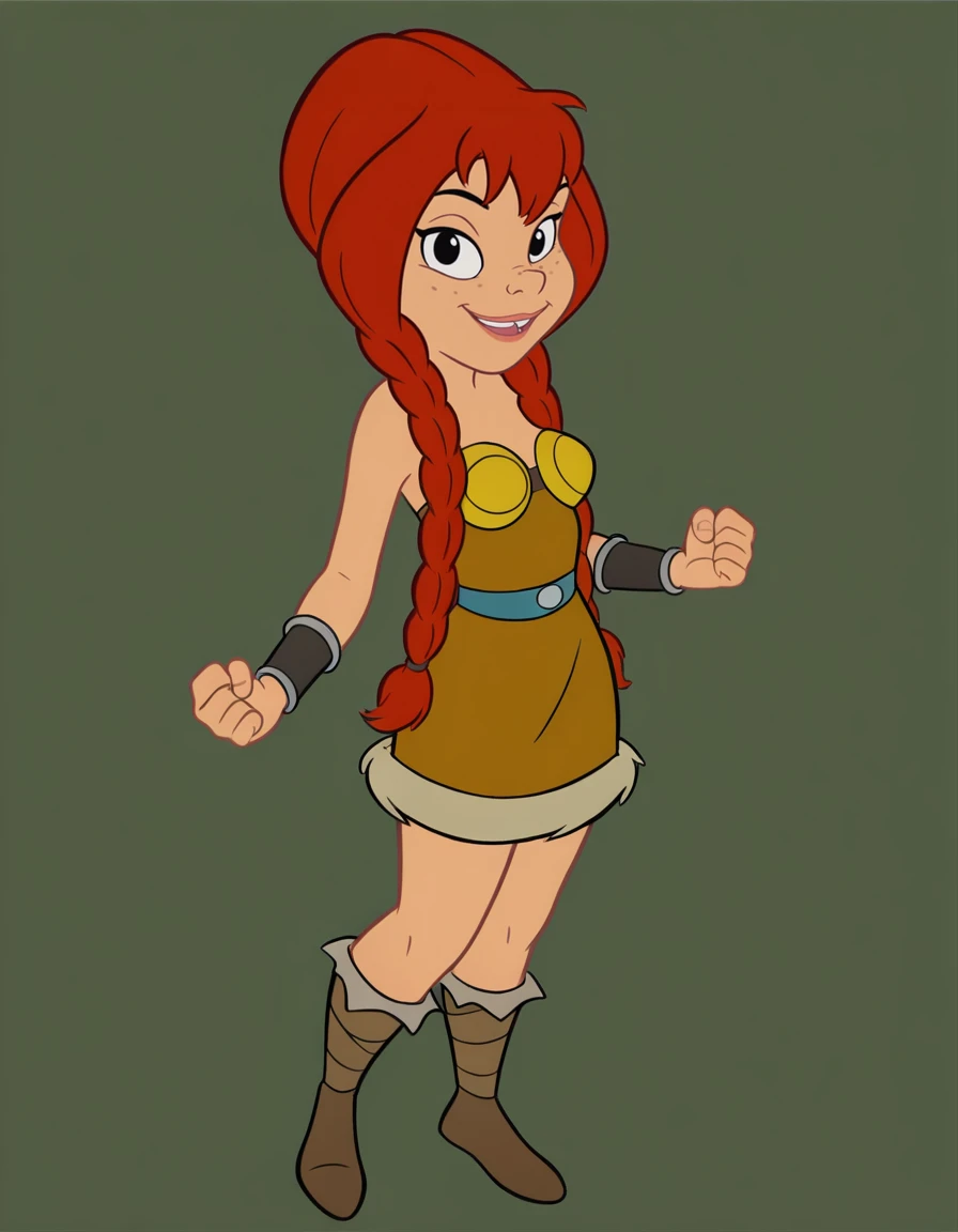 <lora:AbbaIllustrious1.0JLFO:1> abba, 1girl, red hair, long hair, freckles, braid, dress, twin braids, smile,parted lips,black eyes,simple background, bracer, boots, looking at viewer, cowboy shot,open mouth, full body,