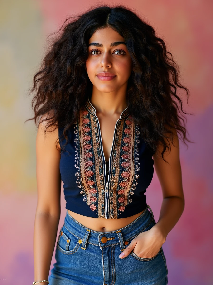 headshot photo of Alaya F woman,hyper realistic candid photo  serious,studio quality, wearing intricate conservative sleeveless Navy Blue Jeans_with_kurta, curls, pastel shaded multicolored background, cinematic lighting<lora:TestBed\Alaya_F_Flux_Kohya_LoRA_v1.safetensors:1.0:1.0>