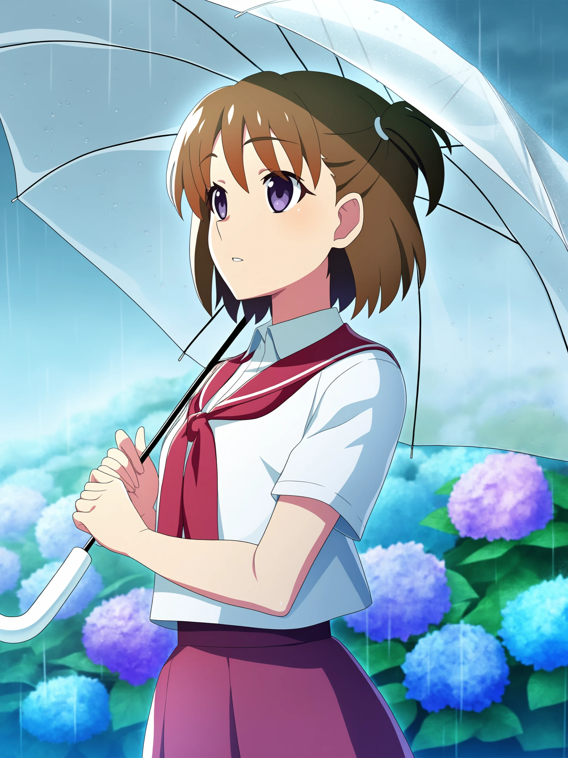 higurashimei, akasaka miyuki, 1girl, solo, short hair, shirt, skirt, brown hair, holding, school uniform, purple eyes, white shirt, flower, short sleeves, outdoors, pleated skirt, parted lips, collared shirt, neckerchief, red skirt, one side up, umbrella, red neckerchief, rain, holding umbrella, transparent, hydrangea, transparent umbrella, 
(masterpiece, best quality, absurdres, highres, newest:1.2), very awa, 