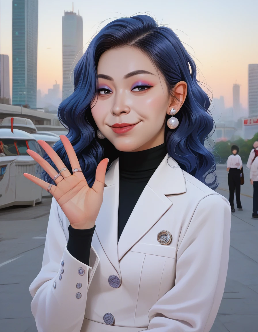 best quality,absurdres,
score_9,score_8_up,epiCPhoto,
<lora:Ryujin-06:1>,ryujin,
korean woman,1girl,makeup,eyeshadow,lips,earrings,dark blue hair,shoulder-length hair,wavy hair,fashion clothes,smile,closed mouth,upper body,waving hands,black turtleneck,white blazer,silver buttons,fashion clothes,rings,outdoors,cityscape,seoul,
<lora:Incase_Journals_style_r1:0.5>,icjournals,blocky,painterly,<lora:g0th1c2XLP:0.25>,g0th1c,<lora:ARKN2:0.25>,arkn2,