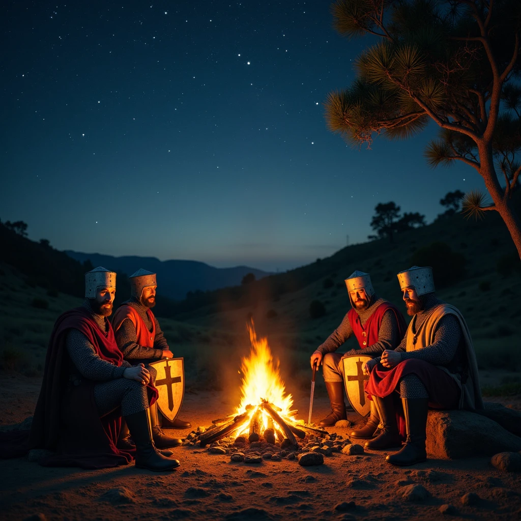 "Imagine an image in the style of epic cinematic photorealism, depicting Crusading Knights resting by a campfire at night. The flames illuminate their tired faces, their dented shields propped against nearby trees. A vast starry sky stretches above them, contrasting the grim scene below."