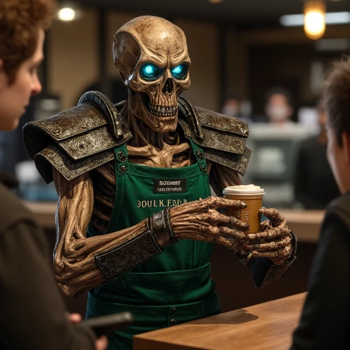 A semi-realistic Skyrim Draugr working at Starbucks, wearing a green barista apron over its decayed armor. Its glowing blue eyes stare blankly as it hands a latte to a customer, skeletal fingers gripping the cup. A name tag on the apron reads 'Draugr, Shift Manager