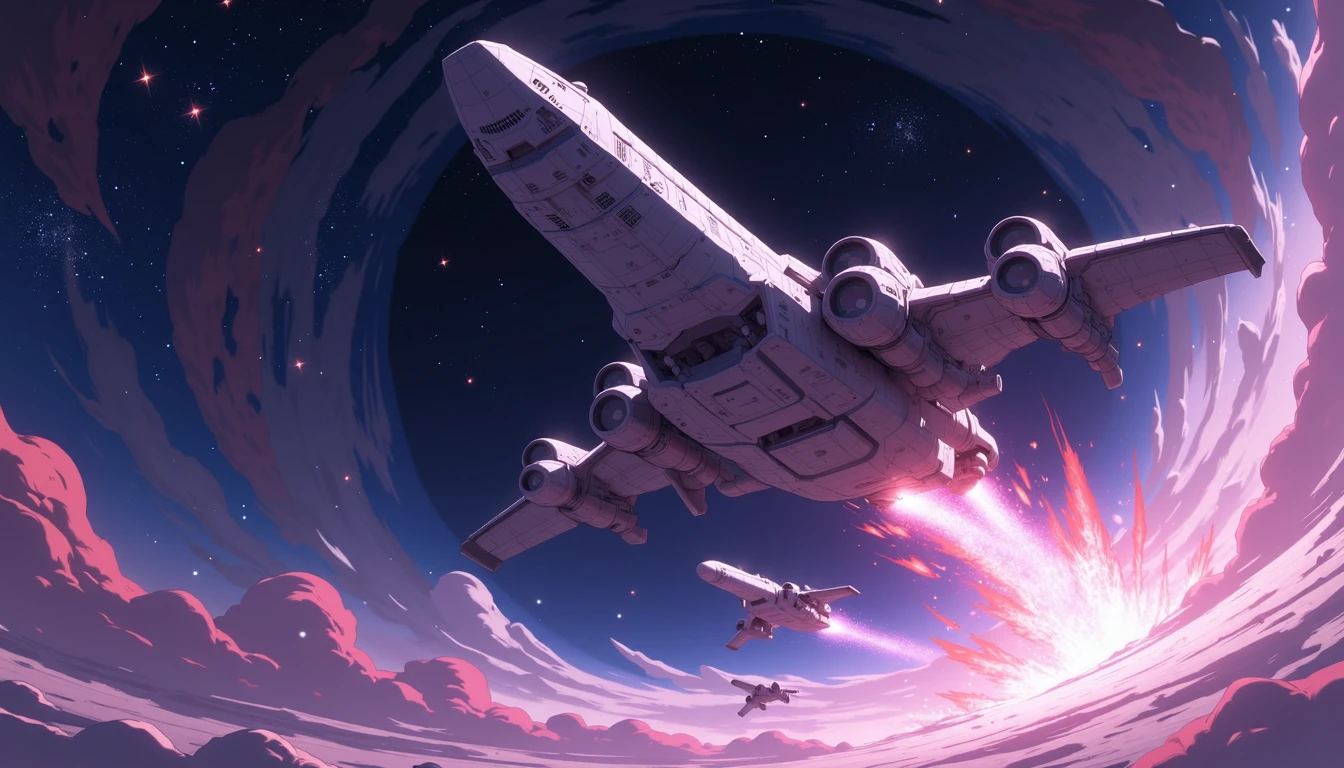 an anime NIJI artwork using muted colors, soft blended shading and smooth lines, A fleet of giant spaceships emerging from a celestial black hole