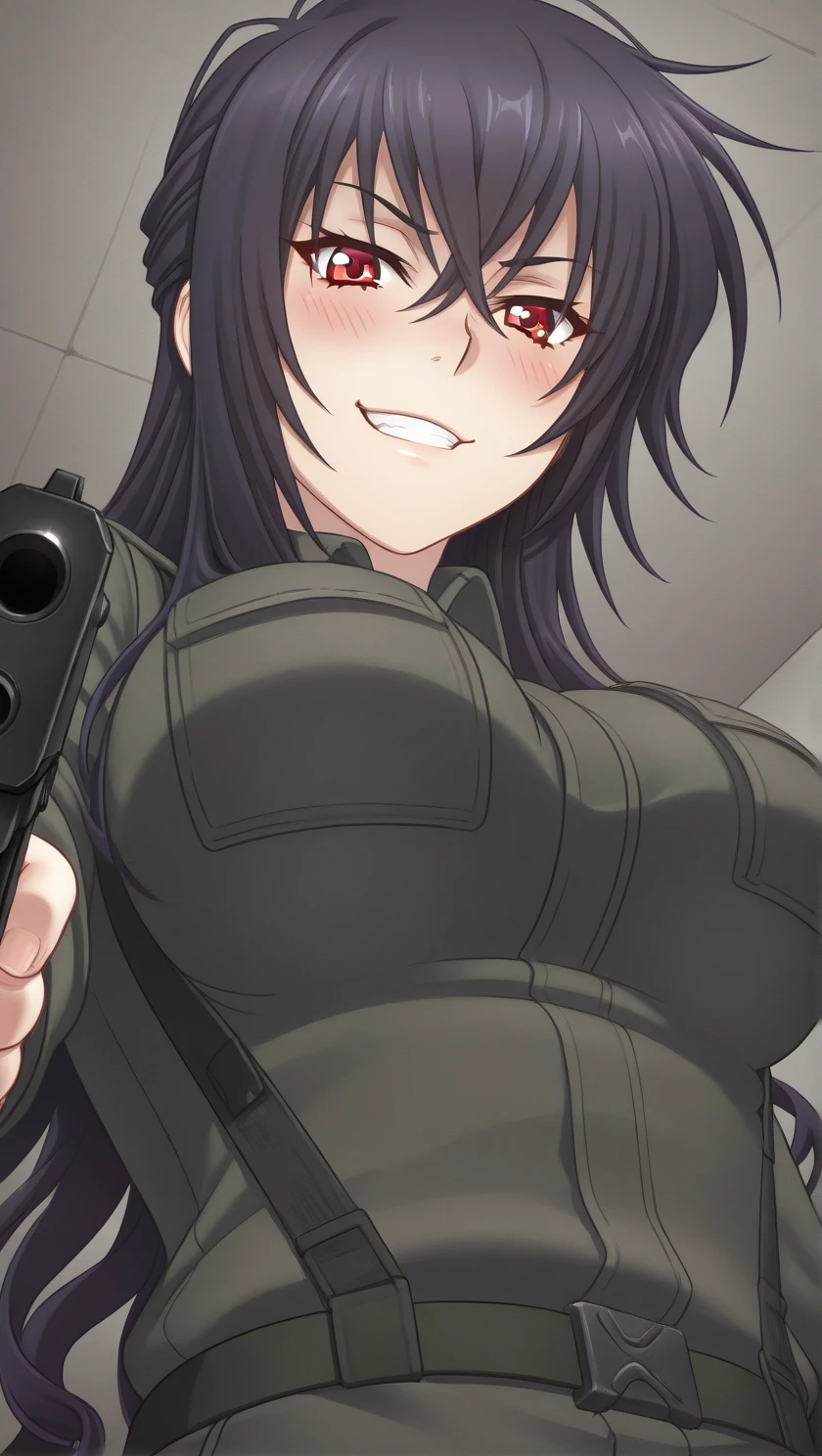 perfect quality, best quality, absolutely eye-catching, masterpiece, absurd res, ambient occlusion, raytracing, 1girl, solo, Beatrix, perky breasts, BDU, combat uniform, blush, teeth, smirk, from below, close up, aiming pistol at viewer, pov