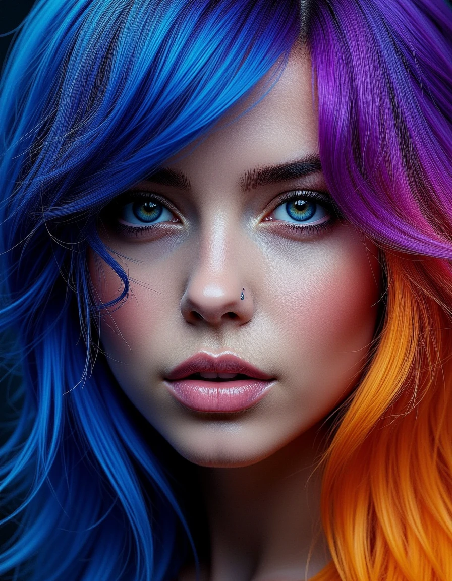 surrealist art a women looking straight into the lens , ses cheveux sont bleu, orange, violet <lora:HairColors-V1-Lora-0001:1> HairColors . dreamlike, mysterious, provocative, symbolic, intricate, detailed