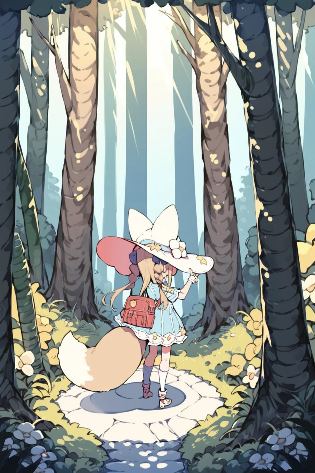 score_9, score_8_up, score_7_up, <lora:amemochi_nina_v1_pony:1>, source_anime, amemochi nina, full body, forest, detailed, side view, 1 fox tail, hat,