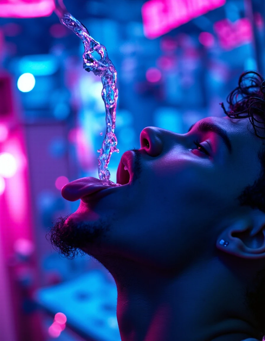 Garrett. a vibrant, high-energy scene where a stream of bright water is captured mid-air from above, landing precisely in a man's mouth. The stream is coming from above. The background should be a lively, neon-lit environment, reminiscent of a futuristic arcade or a vibrant nightclub, with hues of blue, purple, and pink dominating the scene. The man's tongue should be prominently featured, glistening under the artificial lights, with the water creating a vivid contrast against the cooler background tones. Ensure the focus is on the dynamic interaction between the water and the tongue and face, showcasing the splash and motion of the liquid in a highly detailed and realistic manner.