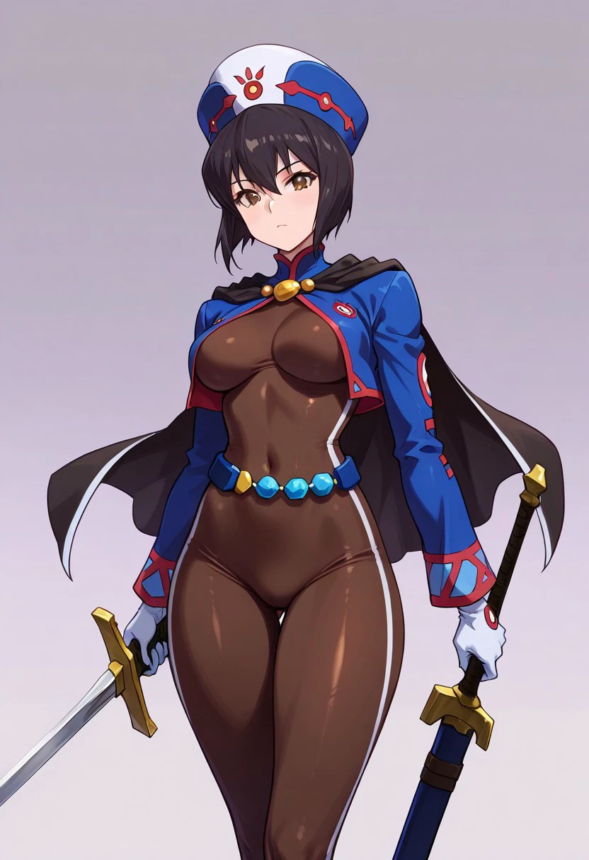 (((dark tan skin))) dark-skinned female, tanned　Dark brown skin　　Strike Witches　Kaneshiya Shitara　　Blue Slingshot　Japanese sword　forest　magic hour　erect nipples　evil grin