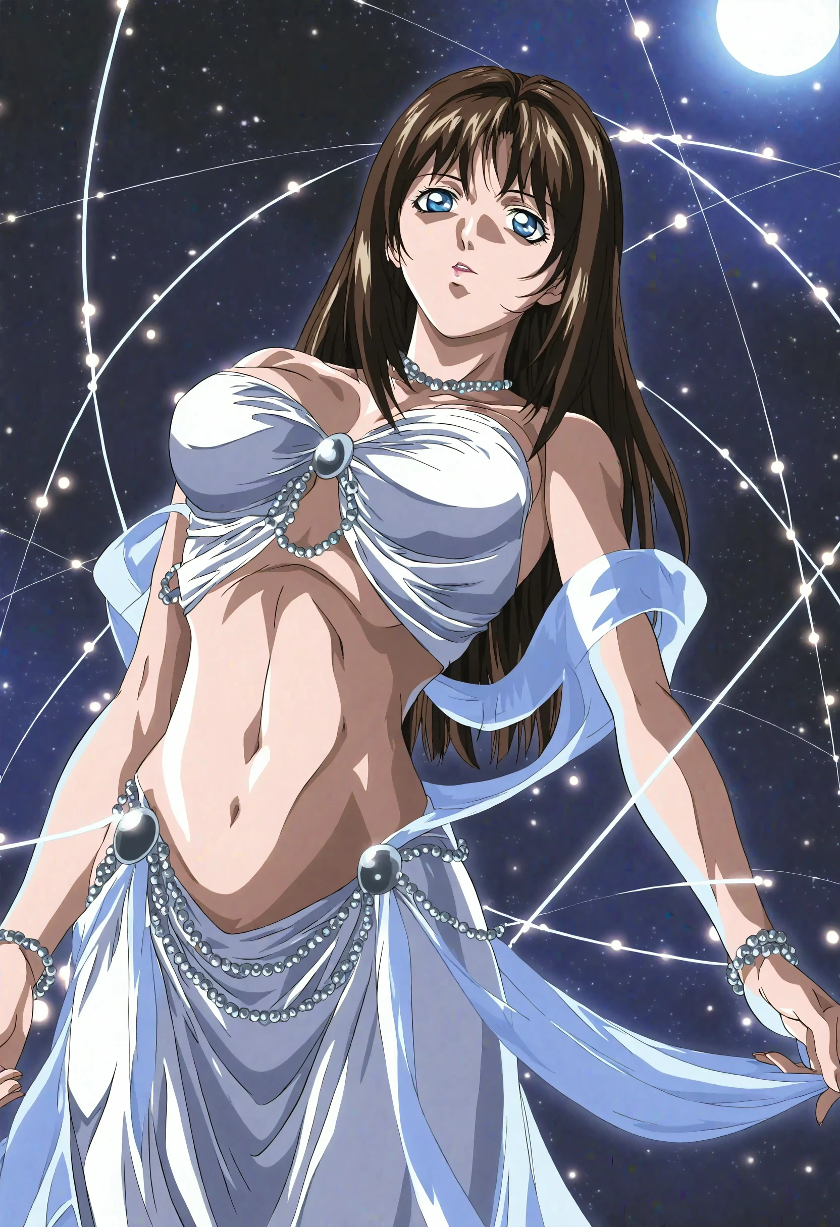 <lora:Bible Black - [Style] - illustriousXL v1:1>, sysdeep_bbstyle, 1girl, solo, shimmering pearl gown, floating mid-spin, glowing particles trailing, infinite mist,