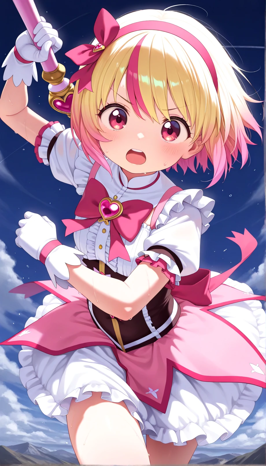 1girl,**********,magical girl,fighting stance,fighting,holding weapon,holding magical rod,ribbon,frills,hairband,short hair,open mouth,streaked hair,multicolored gradient hair,sweat,in sky,cowboy shot,looking at viewer,general,masterpiece,amazing quality,very aesthetic,absurdres,newest,