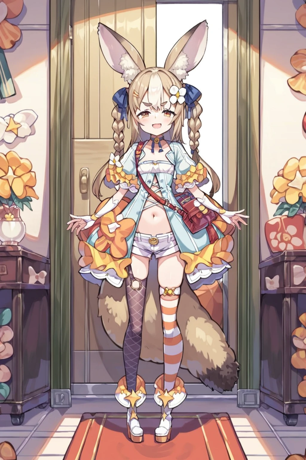 score_9, score_8_up, score_7_up, <lora:amemochi_nina_v1_pony:1>, source_anime, amemochi nina, full body, detailed, room, big racoon tail, short shorts,