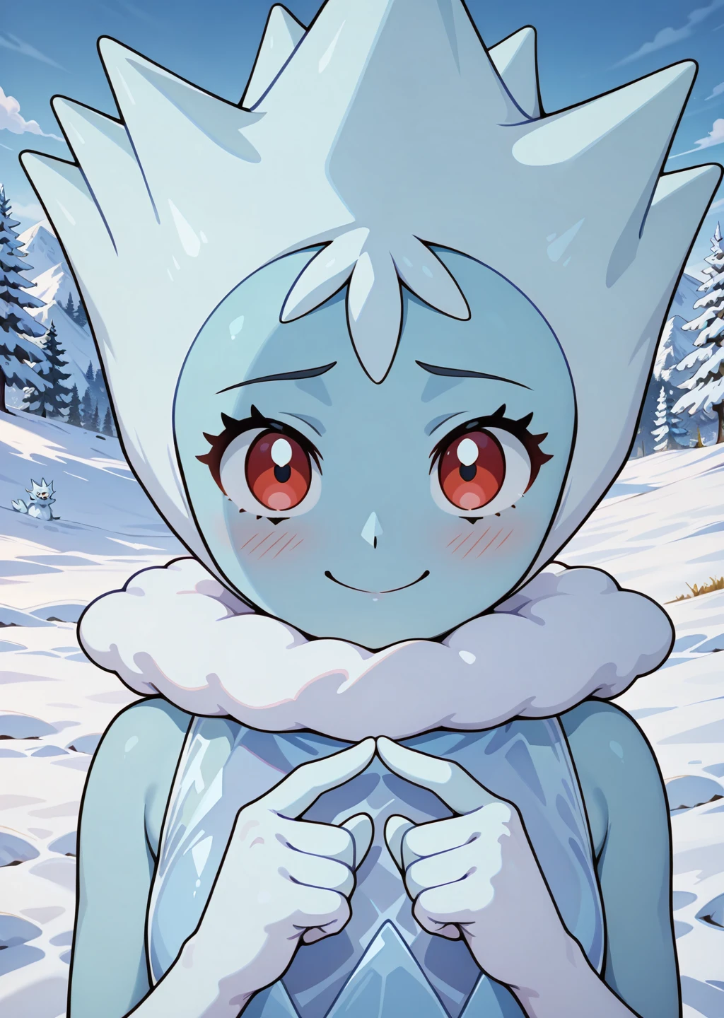 perfect quality, best quality, detailed, portrait, 1girl, female 1celady, looking at viewer, slight blush, smiling, fidgeting, mist, frost, snow background <lora:The Lady of the Cold (Jäärouva, Moomin) [Illustrious]_epoch_11:0.6> 1celady, pokemon (creature), ice dress, red eyes, blue skin, outdoors