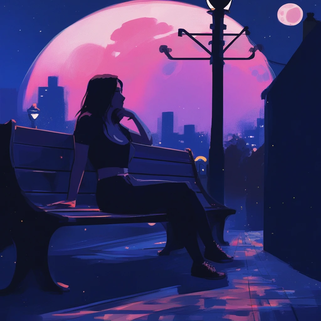 Alena Aenami art style of a girl taking a nap at a bench on the street at night with a full moon, a light post at the left side of the bench