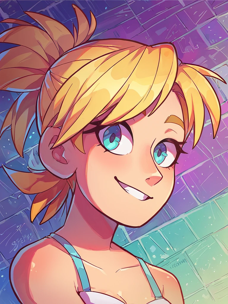 score_9, score_8_up, score_7_up, perfect eyes  ,1girl, solo,, hamdsykatie, blonde hair, looking at viewer, smile,  . graphic illustration, vibrant, highly detailed