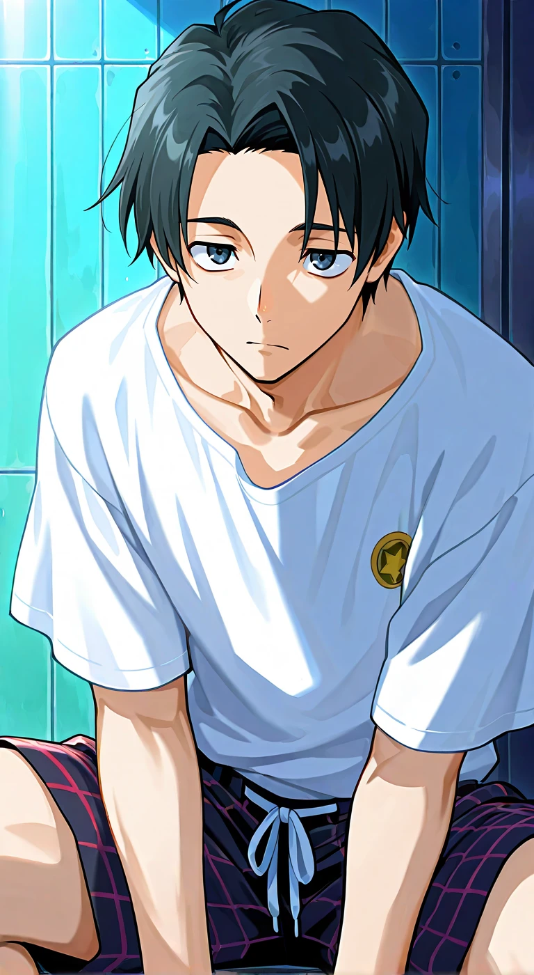 score_9, score_8_up, score_7_up, source_anime, highres, (masterpiece, best quality, (anime, anime coloring:1.3),1boy,solo,male focus,Anime screencap,okkotsu yuta,black hair,short hair,black eyes,white t-shirt,collarbone,tartan black shorts