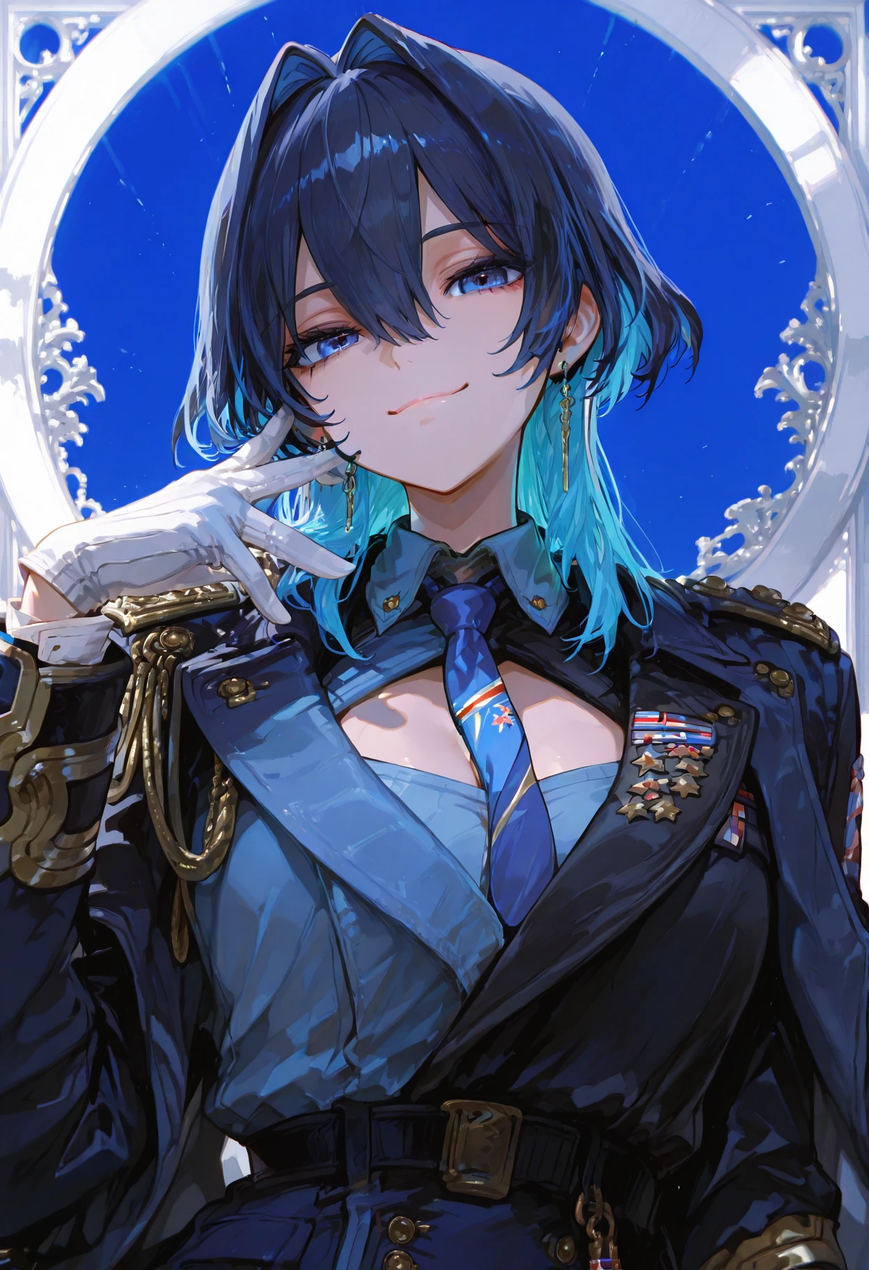 masterpiece, best quality, amazing quality,
 <lora:kroniIL-10:1>, kroniiIL, kroniiuniform, short hair, colored inner hair, hair intakes, wolf cut, collared shirt, blue necktie, epaulettes, blue jacket, white gloves, military uniform, cleavage cutout, blue pants, 1girl, solo, looking at viewer, smile, shirt, gloves, long sleeves, hair between eyes, jewelry, closed mouth, jacket, upper body, earrings, necktie, uniform, black jacket, military
 <lora:748cmSDXL:1> 748cmstyle