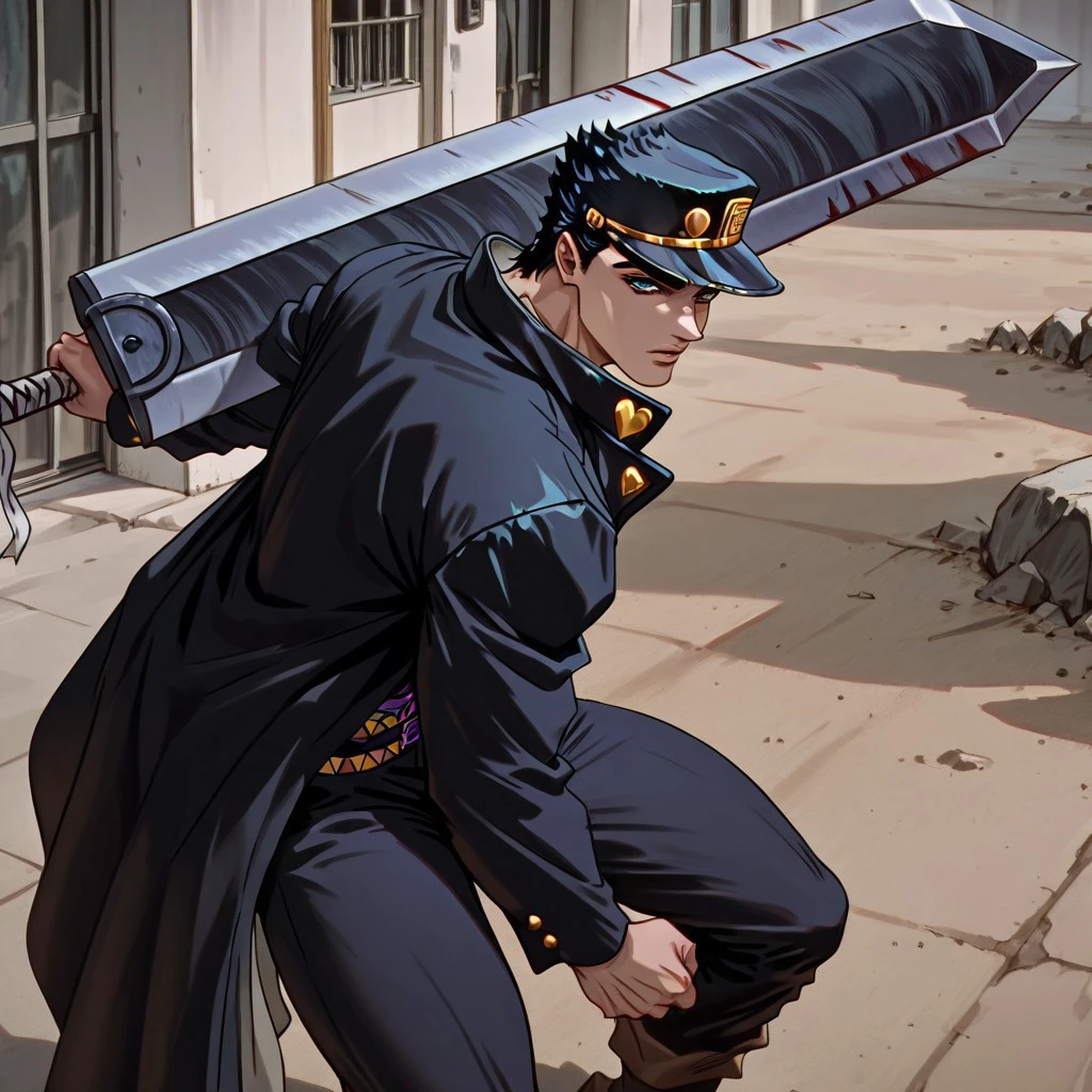 masterpiece, best quality, newest, absurdres, highres, 1boy, kujo_jotaro, jojo_no_kimyou_na_bouken, 1boy, black_hair, blue_eyes, black jacket, DragonSlayerSword-Il.V1.0, wielding-dragonslayer, huge weapon, sword, holding sword, holding weapon,