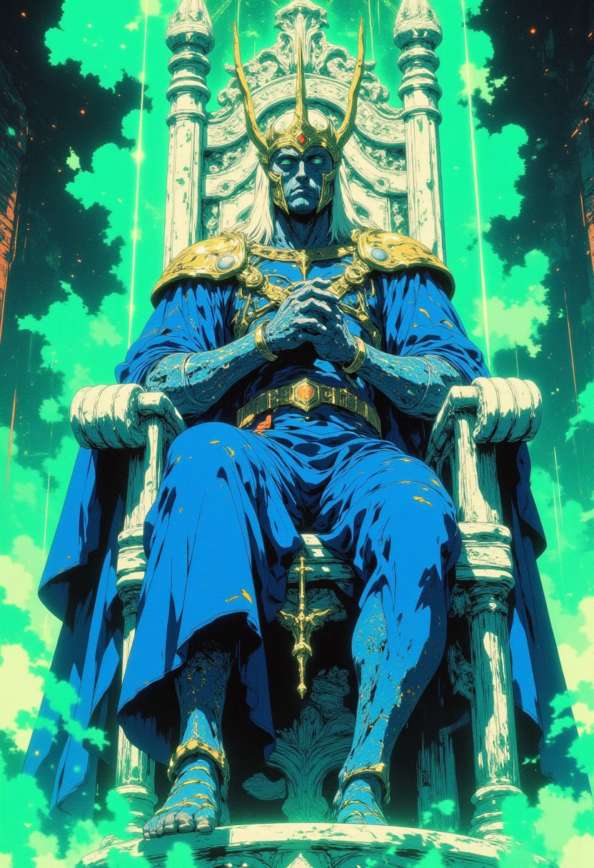 Lou and behold the lord in all his splendor. Upon his ivory throne. Baby blue and navy blue colors, soft blues,mixed with a hint of pastel green, anime, cyberpunk, ne0nfant4sy, Anime style,CALT