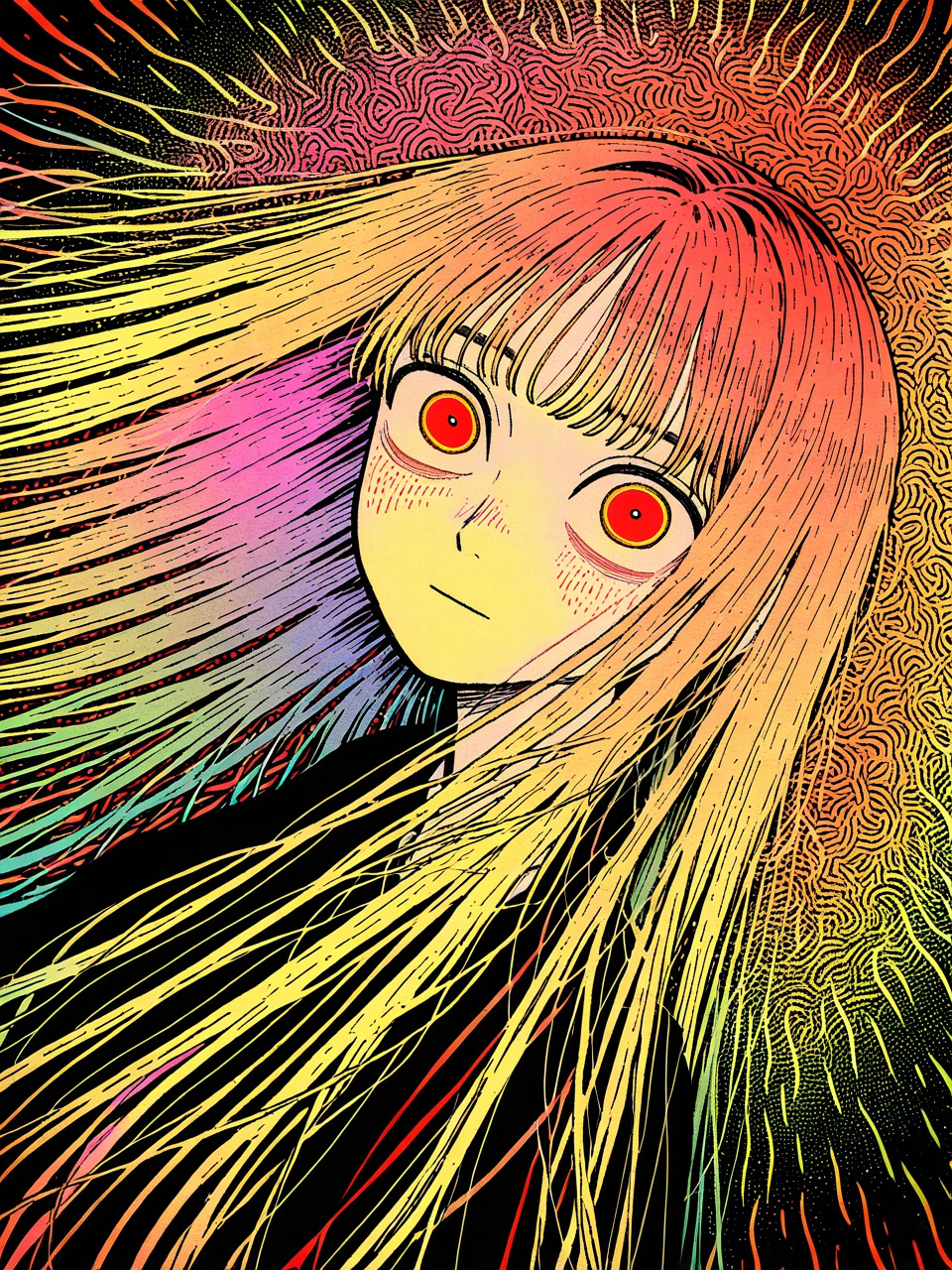 perfect composition, very awa, jaggy lines,  limited palette, spot color,  colorful, acid_trip, abstract background, limited palette, traditional media, dutch angle,  foreshortening, face focus,
1girl, upper body, solo,  multicolored hair, straight hair, red eyes, wide eyes, <lora:vivid:0.6>