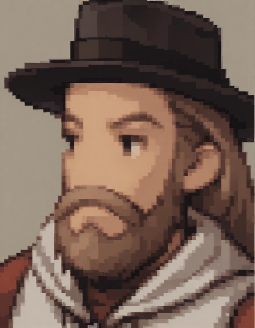 <lora:PonyXL_-_Final_Fantasy_Tactics_Portrait_Style:1.0> final_fantasy_tactics_portrait, pale orange background, no_nose, portrait,  <lora:Chuck_Mangione_-_King_of_the_Hill:1> 1boy, hat, flat_brim_fedora, black_hat_band, long hair, light brown hair, jacket, brown hat, white jacket with red sleeves, beard, chinstrap beard, facial hair, mustache, soul patch, black eyes, jeans, zipper, trumpet under arm,