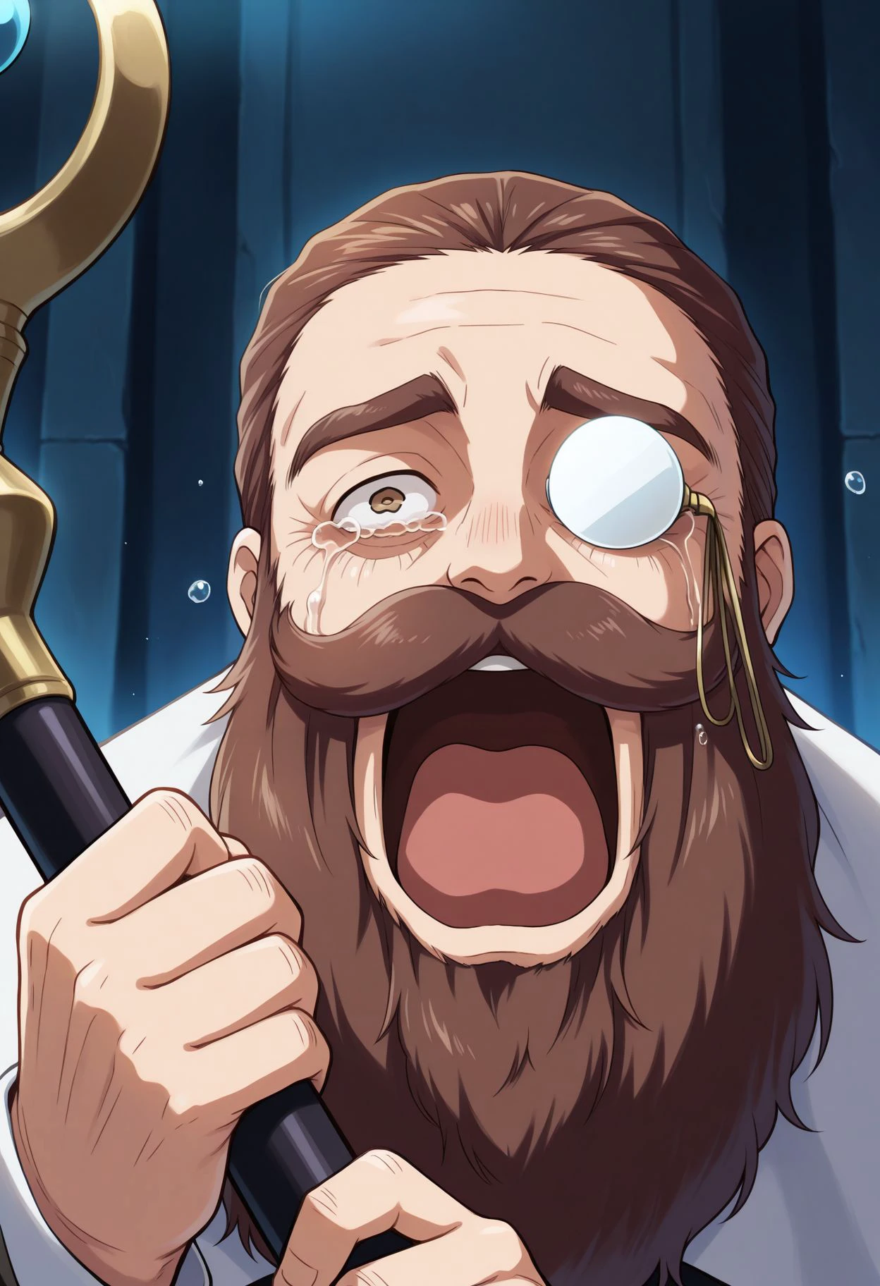 masterpiece, best quality, amazing quality, very aesthetic, absurdres, 
 <lora:Denken (illustrious):1>, 1boy, male focus, long beard, holding staff, facial hair, brown hair, monocle, looking at viewer, mustache, brown eyes, upper body, old <lora:meme_aquascreaming_illustriousXL:0.8> aquascreaming, screaming, open mouth, crying with eyes open