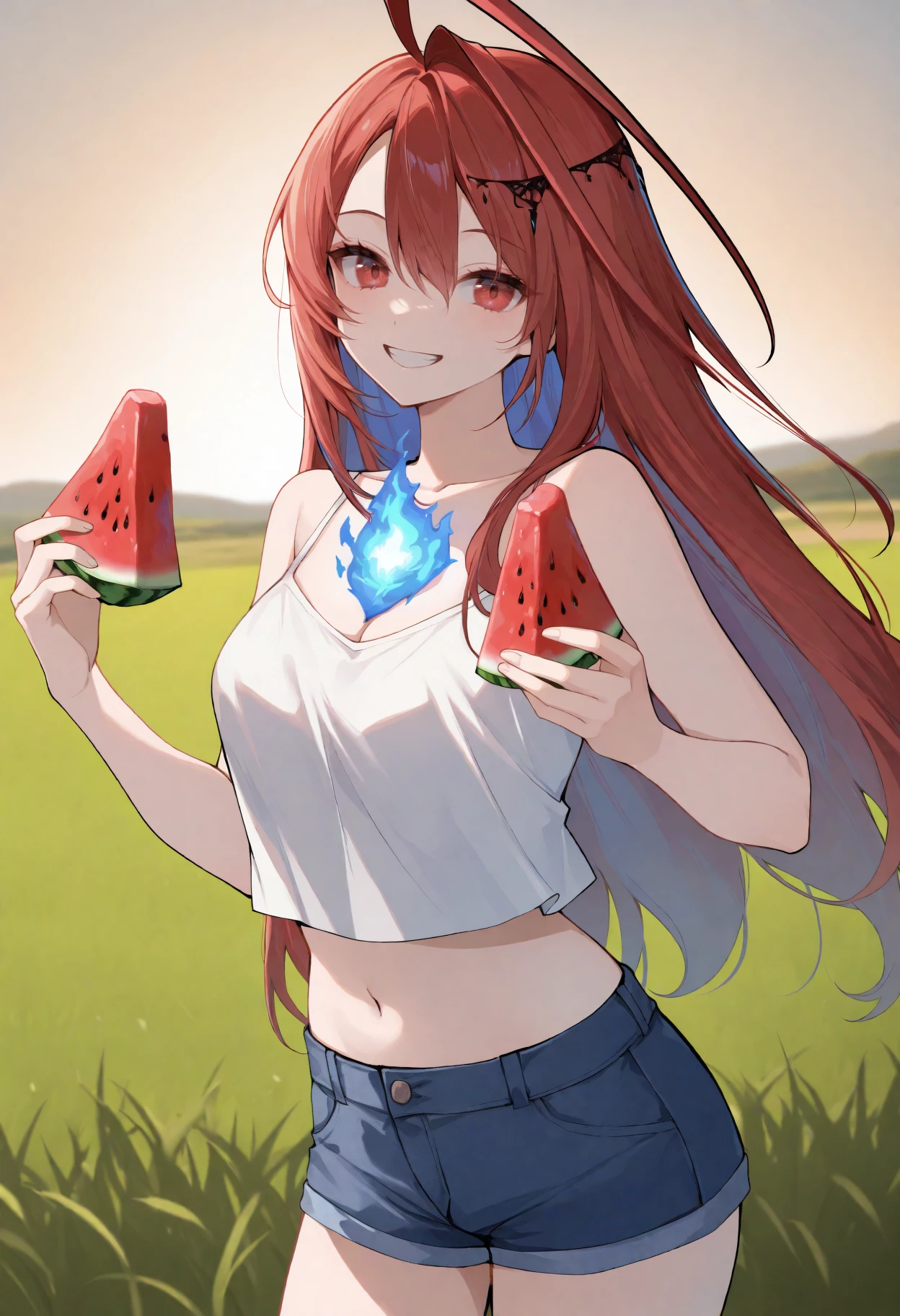 masterpiece, best quality, 1girl, solo, ElizabethRB, red eyes, red hair, colored inner hair, long hair, huge ahoge, hair ornament, blue fire, fire on chest, white camisole, sleeveless, midriff, denim shorts, grin, happy, cowboy shot, looking at viewer, outdoors, field, grass, standing, holding watermelon, <lora:ChamElizabethRoseBloodflameIllustriousXL:1>