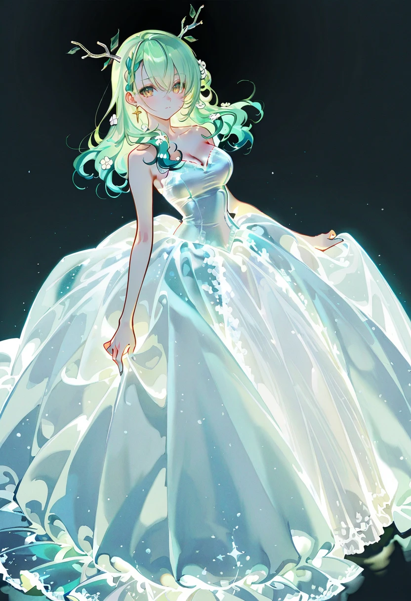 1girl,solo,looking at viewer,ikeda ruriko,glowing gown,strapless, white dress, ceres_fauna,flower