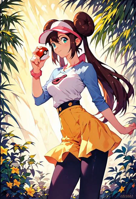 Rosa from Pokémon, brown hair, visor, hair in two buns, medium-small sized breasts, ((skinny waist)), (yellow mini skirt), black thigh high stockings, Narrow hips, holding a pokeball with right hand, throwing pokeball, left arm held out straight in front of her, left hand open, solo, tsurime, ((in the forest), (score_9, score_8_up:1.1), score_7_up, masterpiece, best quality, perfect features, finely detail, intricate details, score_9,score_8_up,<lora:Sadamoto Yoshiyuki_XL_PONY:0.9>,