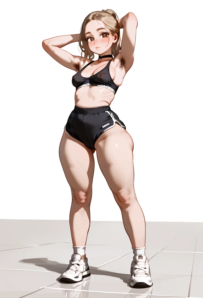 1 girl score_9,score_8,score_7,score_6, semi-realistic, beautiful thin waist blonde woman ponytail, thick butt, straight medium hair, standing , black choker, wearing black gym shorts, black sports bra, huge brown areolas , medium breasts, skin pores, 4k, defined jaw, wing eyeliner, brown eyes, feet, fat butt, blush on body, black pupils, beautiful face, best lighting, perfect eyes, breasts saggy, wide hips, ass crease, high definition, detailed face , showing feet, fullbody, socks, brown eyebrown makeup, detailed face, detailed eyes, black pupils, suductive look, sexy face, dark brown eyes, in gym, white walls, blonde hair, bubble butt, thigh crease, from the front, tone thighs, long legs, gray tile floor, thin arms, front profile, showing armpits, hairy armpits, psycho, white sneakers, hard nipples, long nipples, blush butt freckles <segment:face,0.4,0.8//cid=1> beautiful brown eyes, large black pupils, high detailed sharpened eyes, blushing, outline puplies, glossy eyes