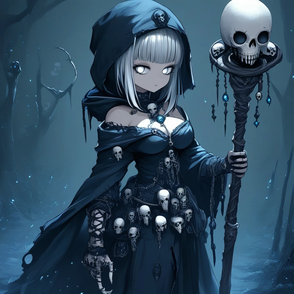 Necoutmb, necromancer wearing, hood, skulls,breasts,Staff, skull, holding, holding staff,1girl, solo, pretty, beautiful, white hair, long hair, white eyes,