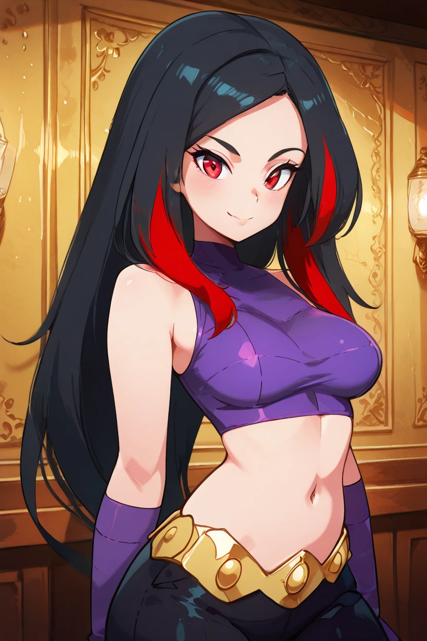 masterpiece, best quality, solo, curvy, beautiful eyes,,<lora:LucyPokemonIXL_v3:1.0>, zzLucy, red eyes, black hair, colored inner hair, long hair, multicolored hair, red hair, streaked hair, two-tone hair, very long hair, gloves, navel, sleeveless, purple gloves, elbow gloves, shirt, bare shoulders, purple shirt, black pants, upper body, side view, smile, looking at viewer, shiny skin,<lora:DiivesIXL:1.0>,