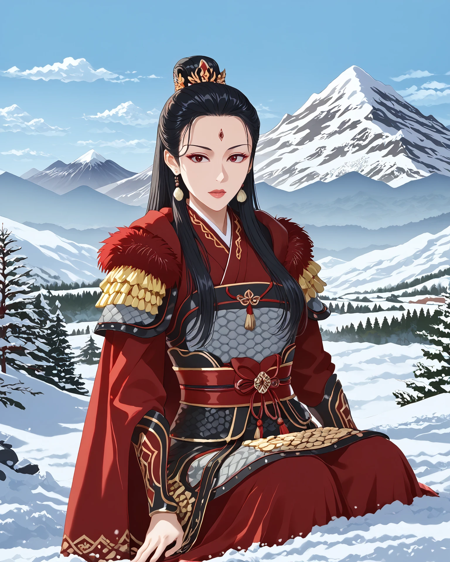 1girl, chinagen, black hair, red embroidery, patterning, snowy mountain, beautiful mountain scenery, masterpiece, highest quality, absurdres, digital art, very detailed, score_9, score_8_up, score_7_up, long hair,  <lora:ChinaGen_XL-000012:1.2>,  <lora:[pony]Sunagawa Tara:1> sunagawa tara