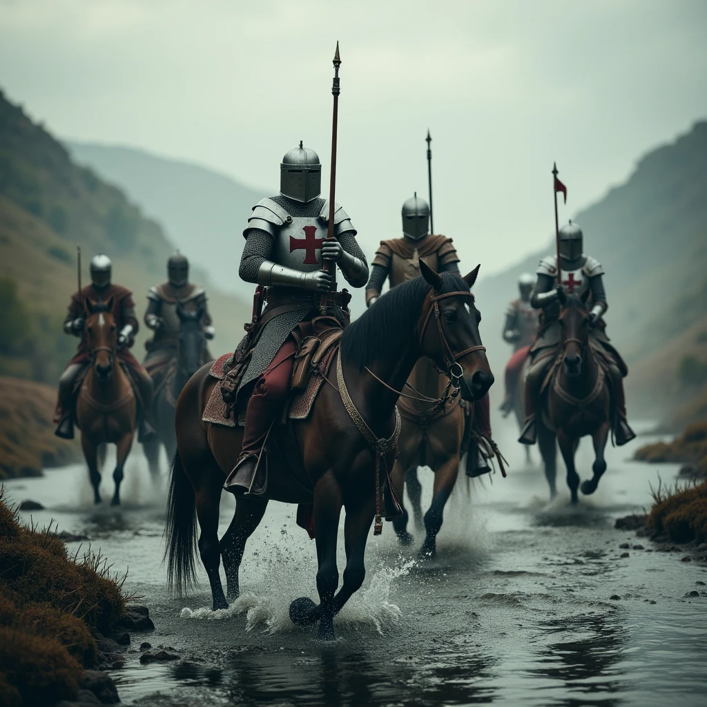 "Imagine an image in the style of epic cinematic photorealism, depicting Crusading Knights crossing a shallow river in a misty valley. Water splashes around their horses' hooves, and their banners hang heavy with dampness, the overcast sky casting a gray pall over the scene."