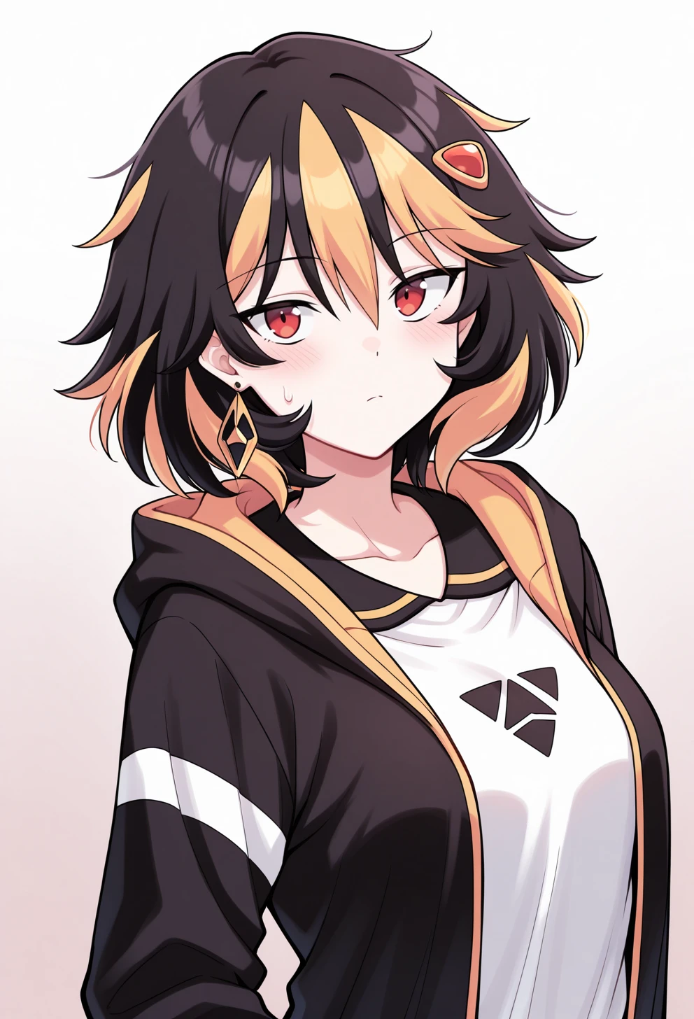 masterpiece, best quality, high quality, anime, solo, portrait,  <lora:AEAliceIllx:1> single earring, 
AEAlice, red eyes, streaked hair, black hair, blonde hair, Multicolored hair, messy hair, medium hair, small breast, hair ornament, hairclip, black cloat, long sleeves, open coat, black hoodie, Hood down, White shirt, print shirt, raglan sleeves,