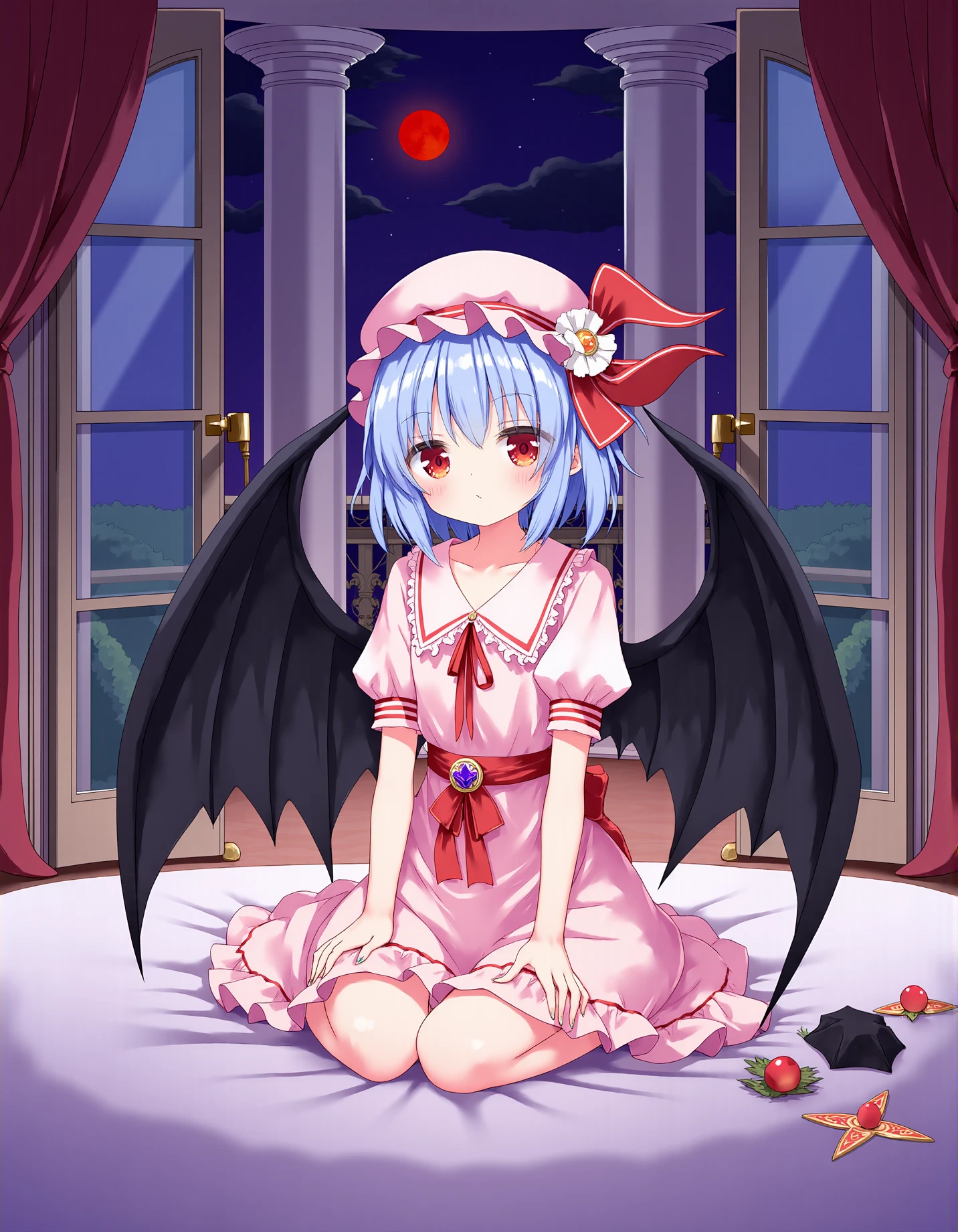 Drawn by kani biimu. A bedroom in a European style mansion with large glass doors opening to a balcony, showing a night sky with a full red moon. A lush garden can be seen below. Remilia Scarlet from Touhou Project is sitting on the bed. She has red eyes, short light-blue hair and a light-pink mob cap with a red ribbon decorated with white stripes. She wears a light-pink dress with a red ribbon on both sleeves, a large red ribbon behind her waist with white stripes and a necklace featuring a Caduceus-like centerpiece. She also has a pair of large black bat-like wings on her back with a wingspan wider than her height. <lora:[Flux dev] kani biimu artist style_epoch_10:1>