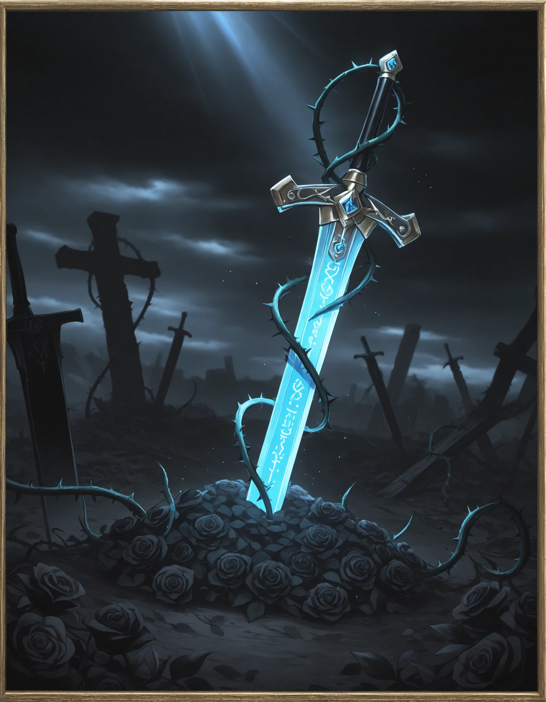 huge buried magical sword surrounded by (light particles:1.2),(flare:1.2)light rays, <break>
the sword is engraved with runes, sword with backlighting, thorns around sword, bloody thorns,<break>
flower, huge weapon, sword, outdoors, dark sky, cloud, no humans, night, border, rose, leaf, black flower, plant, scenery, blurry, vines, black roses, ruins, planted, planted sword, thorns, still life, dim background, dark background,