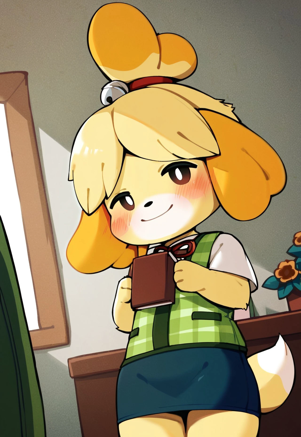 score_9, score_8_up, score_7_up, score_6_up, score_5_up, score_4_up, Isabelle, Isabelle_animalcrossing, masterpiece, best quality, 32k, high resolution, absurdres, 1girl, tail, solo, blush, looking at viewer, smile, hair bell, hair tie, dutch angle, thigh gap, standing